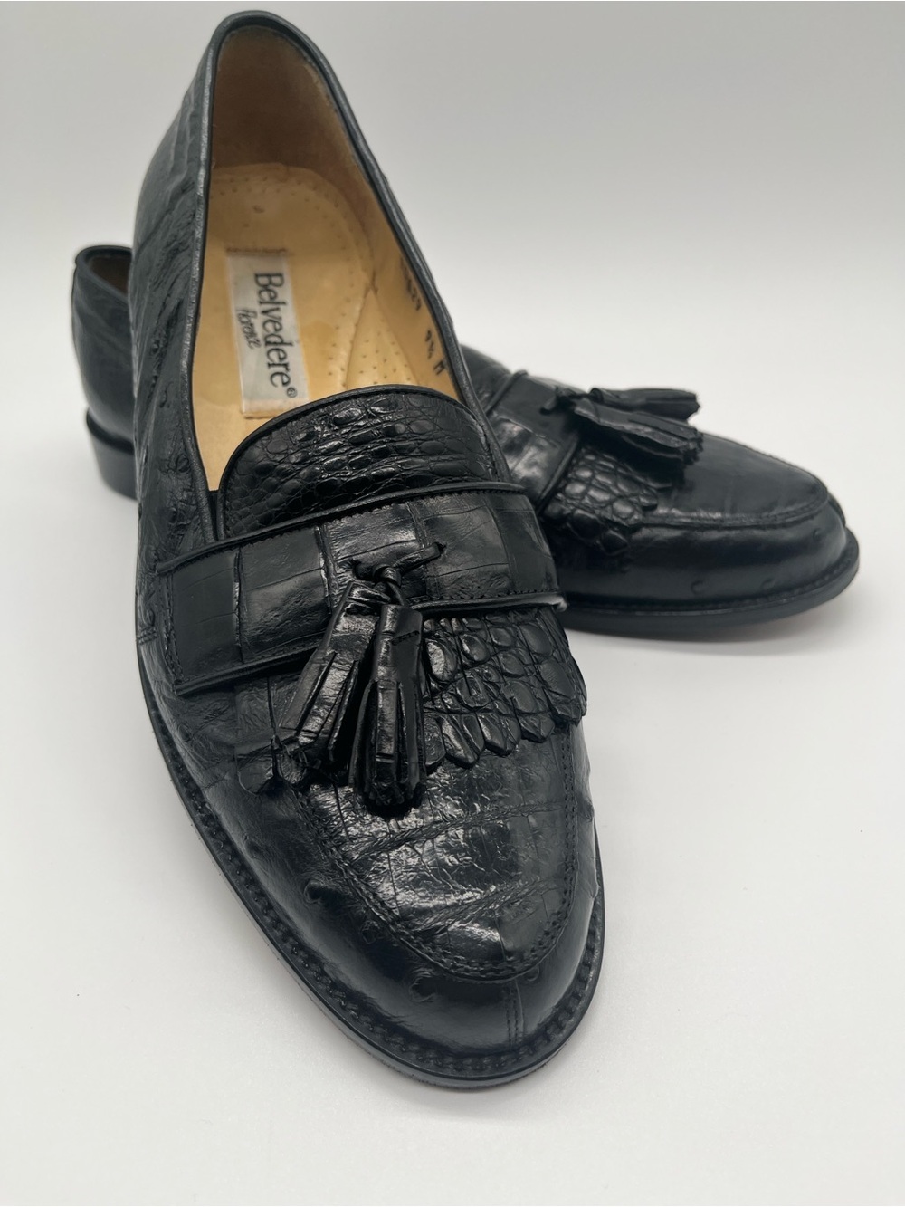 Belvedere Florence crocodile and ostrich tassel kiltie black loafers. Size 9.5 M